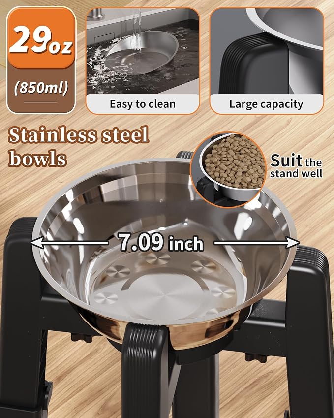 Dog Bowl Stand, 51 oz Large Capacity Stainless Steel Feeder (2 Pack) | Elevated Pet Water & Food Bowl for Medium Dogs, Stable and Anti-Slip Raised Bowl