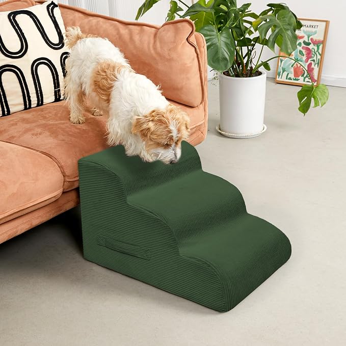 Mesa Lemon 3 Step Dog Stairs Pet Ramp for High Beds, Sofas and Cars | High Density Foam, Non-Slip Bottom, Removable Washable Cover, Portable Handle, Holds Up to 50 lbs, 16 Inch Height