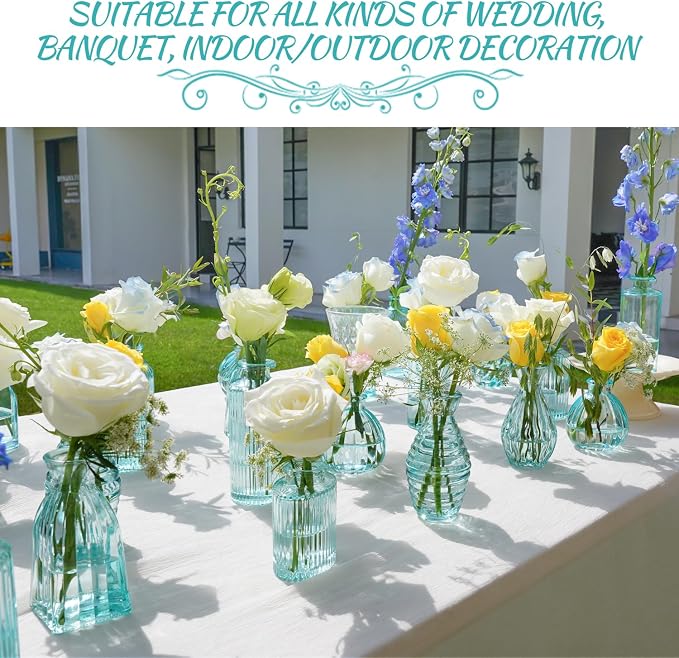 Bud Vases Set of 12 Blue Glass Vase for Decor | Small Vintage Flower Vase Ribbed Glass Bud Vases in Bulk Wedding Bridal Shower Party Centerpieces Home Room Table Decorations