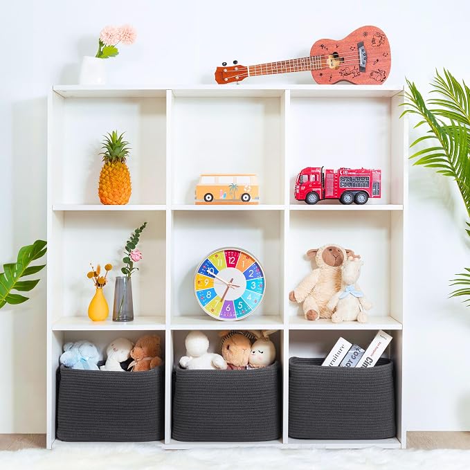3-Pack Decorative Woven Storage Baskets for Shelves, Cube Bin Box for Organizing Books, Shoes, Dog Toys, Pantry Closet and Living Room Organizer, Charcoal / Black