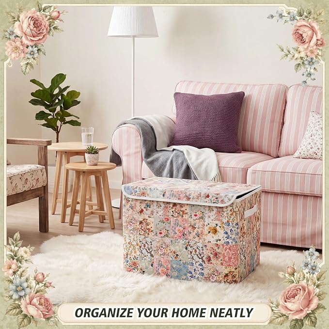 Briwooody Vintage Floral Storage Bin with Lid and Carrying Handle Retro Flower Foldable Storage Box Large Farmhouse Decorative Collapsible Container Basket for Organizing Closet Home Bedroom Gift