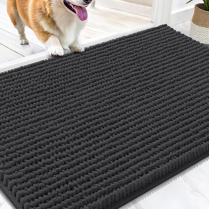 OLANLY Dog Door Mat for Muddy Paws 30x20, Extra Absorbent Chenille Mud Mat | Dark Grey, Absorbs Moisture and Dirt, Non-Slip Machine Washable Doormat, Quick-Drying Indoor Entryway Floor Mat for Dogs