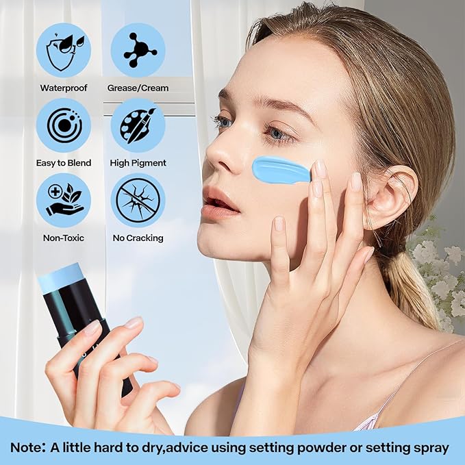 Go Ho Cream-Blendable Light Blue Face Paint Stick (1.06 Oz),Full-coverage Pale Blue Face Body Paint for Halloween Cosplay SFX Ghost Bride Sally Makeup,Waterproof Makeup Stick