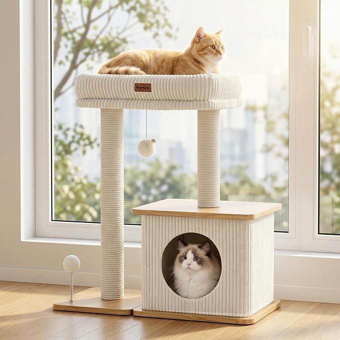 Small Cat Tree for Indoor Kittens, 30" Compact Modern Cat Tower | Natural Bamboo Cozy Condo, Soft Padded Perch, Sisal Scratching Post, Dangling Ball Toy, Stable Base, for Cats up to 15 lbs