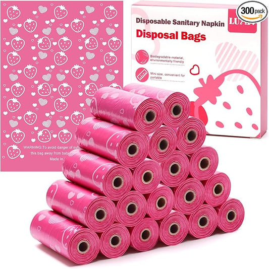 300P Sanitary Napkin Disposal Bags, Luxiv Disposable Sanitary Bags Rolls Personal Care Disposal Bag for Diapers, Tampons, Pad Period Bag Disposal Feminine Hygiene Products Bags with Scent (Pink)
