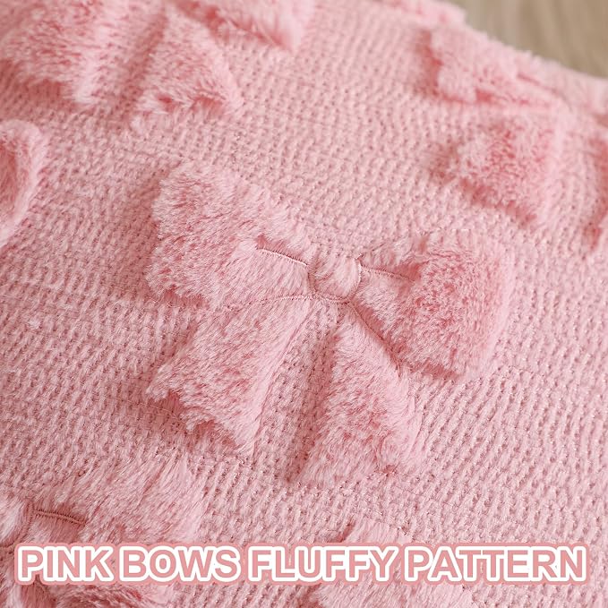 Mixweer Dark Pink Bow Pillow Covers Set of 2 Preppy Room Decor Coquette Cute Spring Summer Decorative Faux Fur Soft Bowknot Stuff Fluffy Plush Aesthetic Pillowcase for Bed Sofa Couch (18 x 18 Inch)