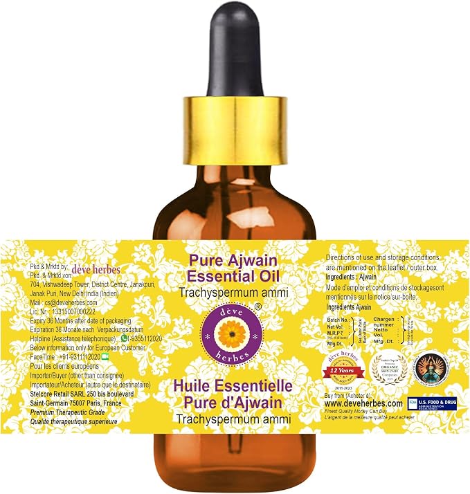 Deve Herbes Pure Ajwain Essential Oil (Trachyspermum ammi) with Glass Dropper Steam Distilled 100ml (3.38 oz)