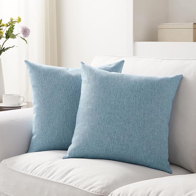 Meekio Set of 2 Light Blue Throw Pillow Covers 16x16, Coastal Linen Blend Decorative Pillow Covers for Couch Sofa Bed, Beach House Home Decor