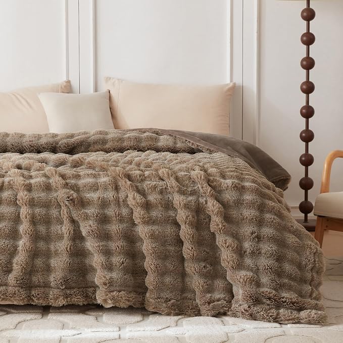 COOVA Faux Fur Throw Blanket for Couch, Cozy Soft and Fuzzy Plush Rabbit Fur Bubble Blanket for Sofa Bedroom Living Room, 50x60 Inches Cationic Brown