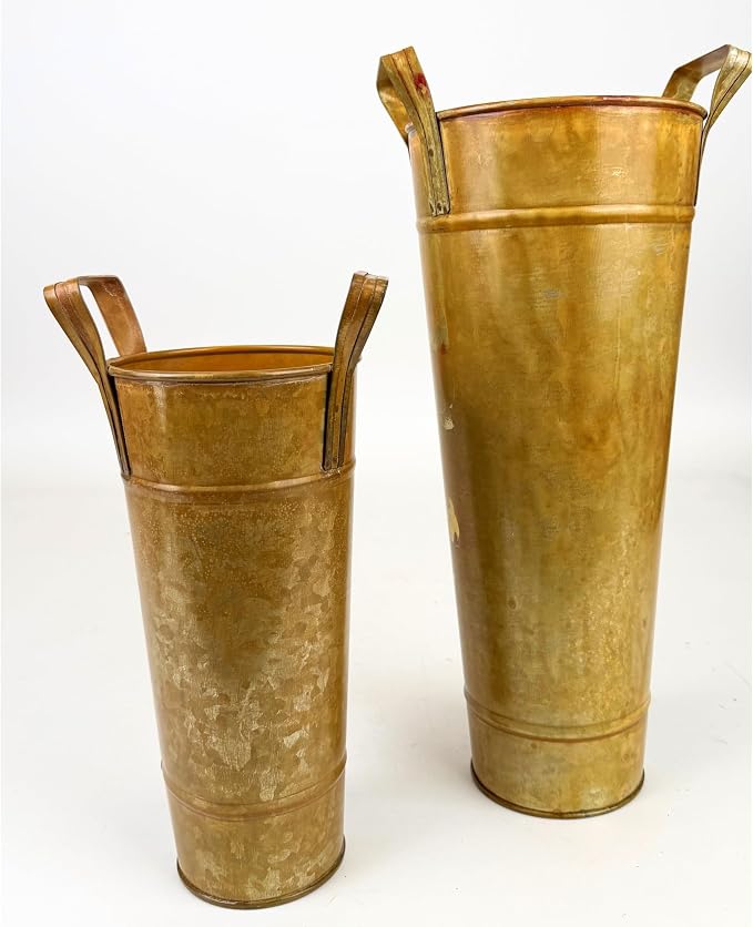 Galvanized Metal Floral Vases with Handles Set of 2 (Marigold)