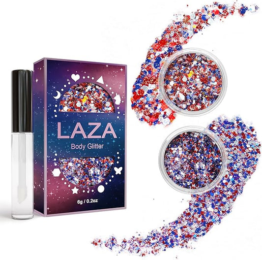 Laza Independence Day Body Glitter, 2 Jars Olympic Red Blue White Chunky Sequins with Glue Women 4th of July Face Paint Festival Rave Outfit Hair Accessories Party Costumes-Independence Parade