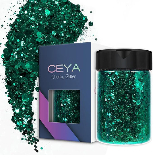 Ceya Chunky Glitter, 4.9oz/ 140g Christmas Green Craft Glitter Powder Mixed Fine Flakes Iridescent Nail Sequins for Nail Art, Hair, Epoxy Resin, Tumblers, Slime, Painting, Festival Decor