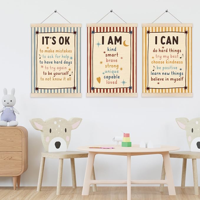 Koesus Inspirational Classroom Striped Wall Art Poster Hanger Frame 12x16 Inch Set of 3, Positive Affirmations for Kids, Motivational Canvas Pictures Prints Framed Wall Decor for Classroom Kids Room Playroom