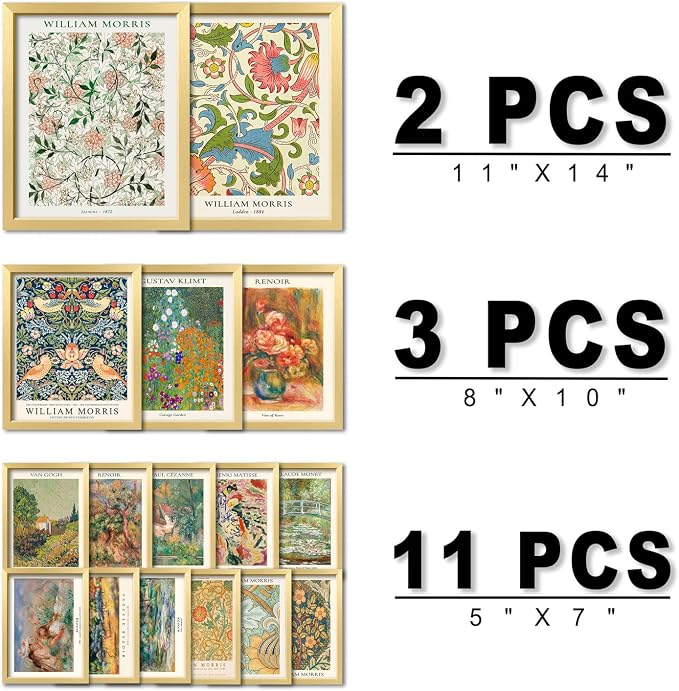 ANERZA 16 PCS Gold Framed Vintage Eclectic Wall Art Decor, William Morris Wall Prints for Bedroom, Gallery Wall Frame Set, Posters for Living Room Aesthetic, Collage Kit, Colorful Dorm Home Artwork