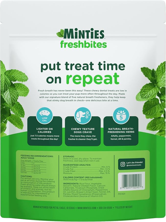 Minties FreshBites Soft and Chewy Dental Treats, Low Calorie Natural Mint Flavored Dental Chews for Dogs, 50 Count, Dog Chews Clean Teeth, Fight Bad Breath, Removes Plaque and Tartar | 7.5-cal soft chew; 5 natural breath fresheners; no wheat, corn, soy...
