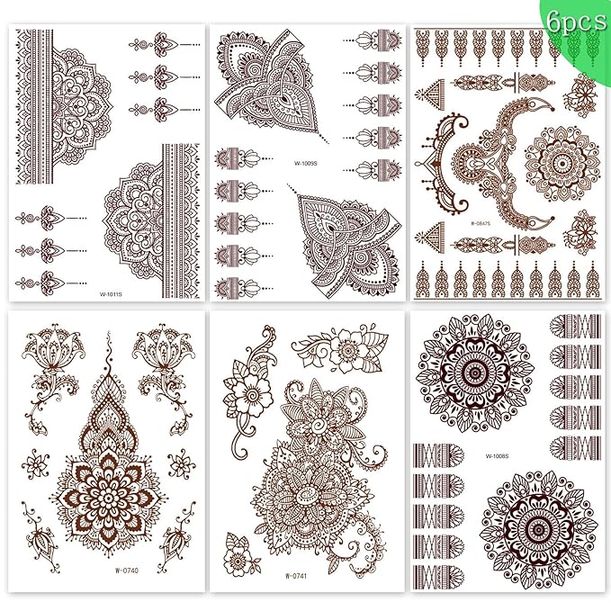 6 Sheets Henna Tattoos Temporary Stickers Reddish Brown Floral Geometric Waterproof Henna Tattoos for Women Indian Diwali Supplies Wedding Party Festivals Decoration