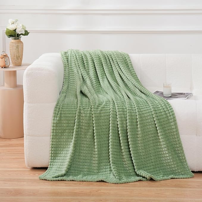Puncuntex Fleece Throw Blanket Sage Green 50"×60" with Square Grid Design | Super Soft Plush Cozy Flannel Throw Blanket Luxury for Couch Sofa Chair