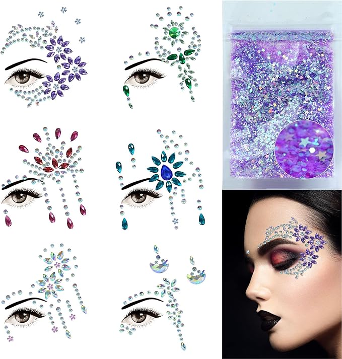 Face Jewels 6 Sheets Face Gems Stick On, 10g Chunky Glitter, Face Jewelry Rhinestones Crystals Stickers, Fairy Euphoria Eye Body Makeup Rave Clothes Festival Outfit Accessories