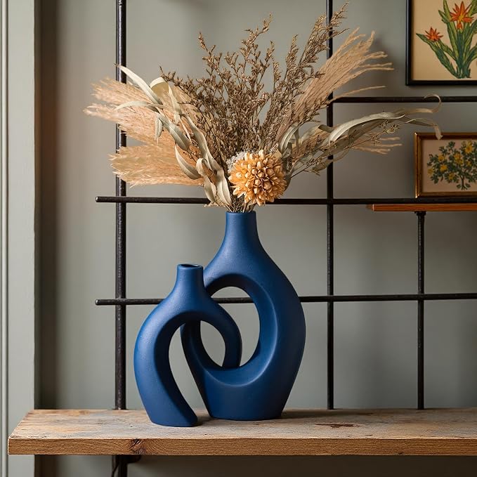 Snuggle Hollow Ceramic Vase Set of 2, 11 inch Modern Nordic Coastal Shaped Pampas Grass Aesthetic Decorative Table Vases for Living Room Shelf Home Decor (Matte Navy Blue -L)