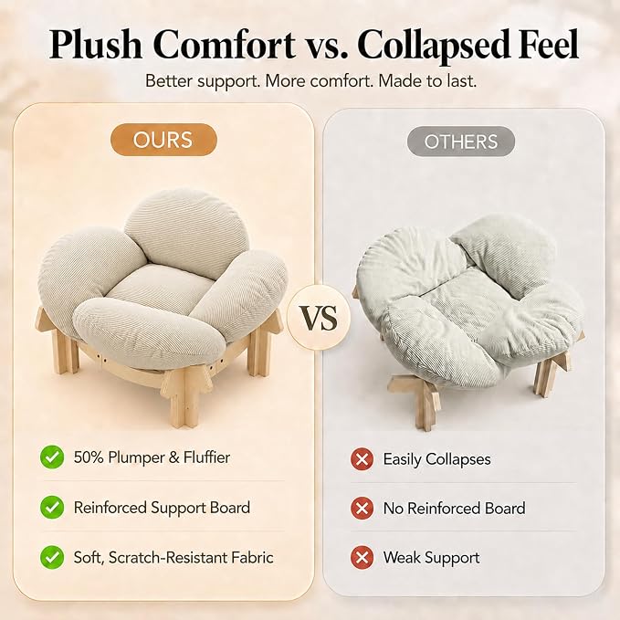 Wooden Elevated Cat Bed, Pet Sofa Furniture with Washable Cushion (Beige) | Soft Beds with Extra Filling prevent flattening, while Stable Wooden Frame with Base Board supports 50 lbs for Kitty & Puppy.