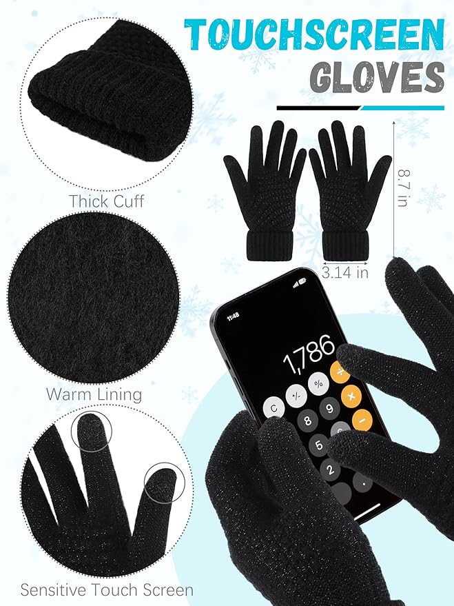 Winter Hat Scarf Gloves and Ear Warmer, Warm Knit Beanie Hat Touch Screen Gloves Set Winter Gifts Neck Scarves for Women