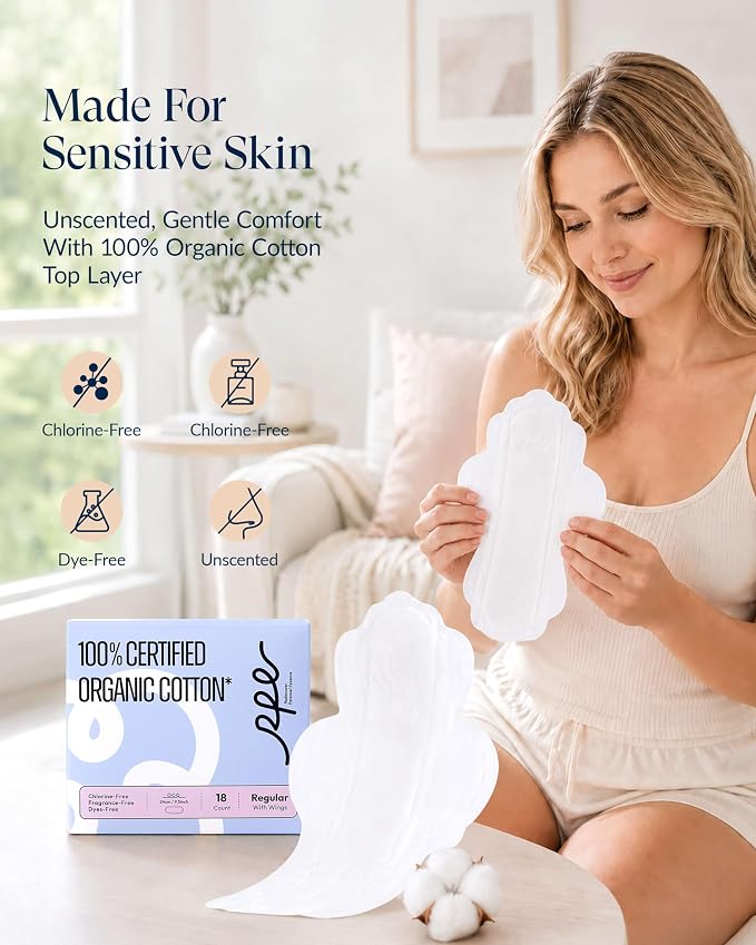 RPE Life 100% GOTS Organic Cotton Menstrual Pads with Wings, 108 Count | Value pack menstrual pads with wings; breathable, skin-friendly comfort for active days and daily period protection.