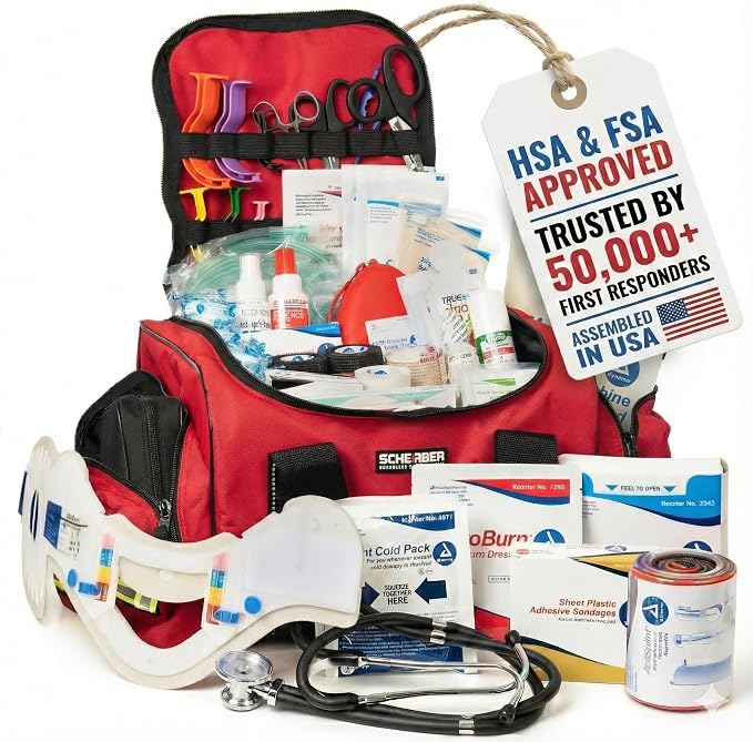 Scherber First Responder Fully-Stocked Large Professional Essentials EMT/EMS Trauma Kit | HSA/FSA Approved | Reflective Bag w/8 Zippered Pockets & Compartments & 250+ First Aid Supplies (Red)