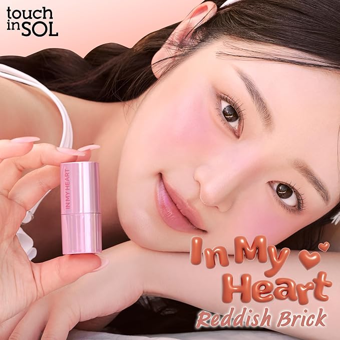 TOUCH IN SOL In My Heart Stick Blush (#Reddish brick) - Cream Blush Stick for Korean Makeup, Lip, Cheek & Shading Multi-Use, Blendable Milk Blusher for Dewy Glow, Kbeauty (0.21 Oz)