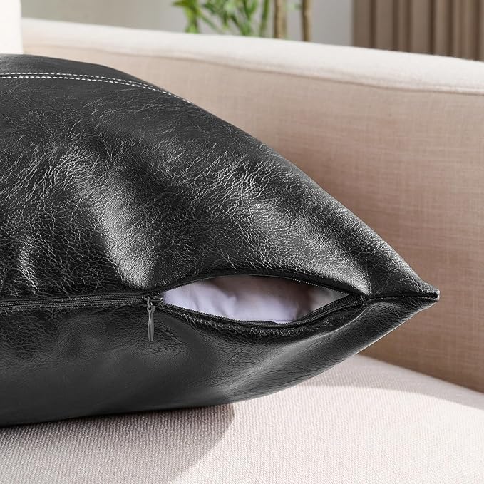 Fancy Homi Black Boho Faux Leather Decorative Throw Pillow Covers 18x18 Inch for Living Room Couch Bed Sofa, Rustic Modern Farmhouse Home Decor, Hand Stitched Square Cushion Case 45x45 cm