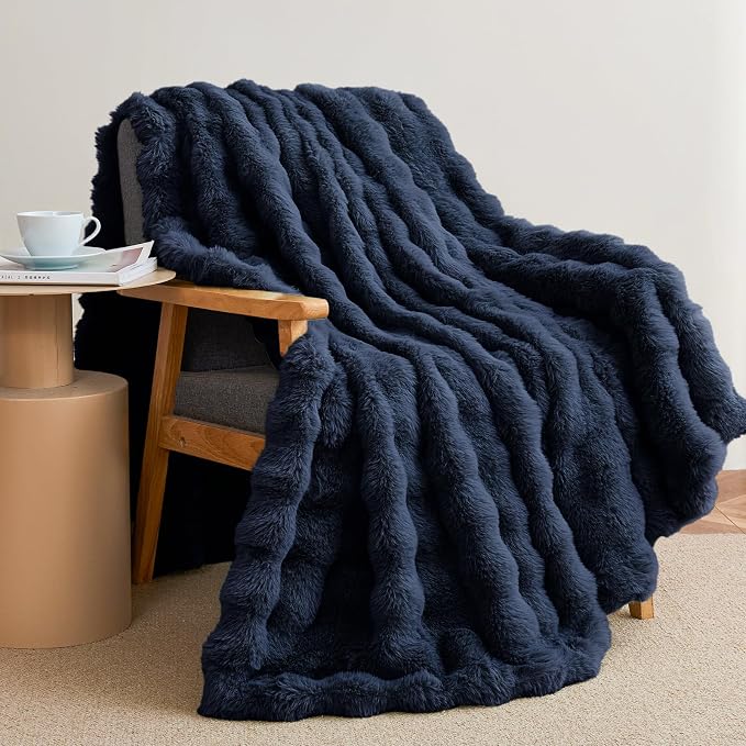 Faux Rabbit Fur Throw Blanket for Couch, Navy Blue Throw Blankets 50"x60" | Cozy Reversible Fluffy Throw, Luxury Plush Thick Bubble Blanket, Mothers Gifts for Women, Soft Warm for Bed, Home Decor