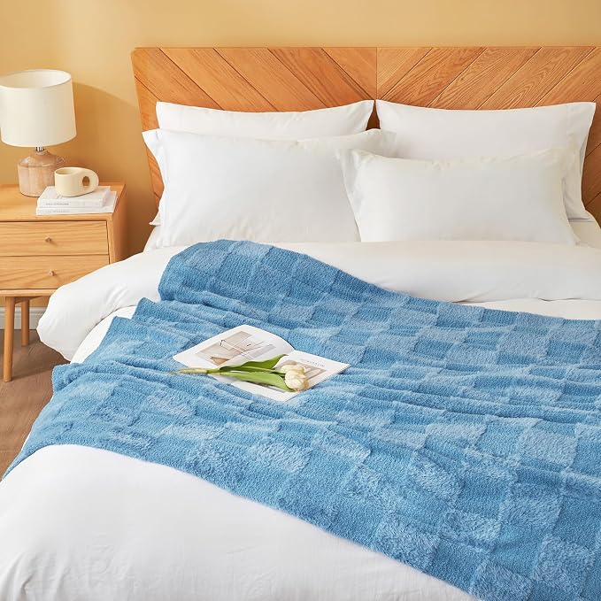Snuggle Sac Faux Fur Throw Blanket for Couch,Knitted with Microfiber Fancy Yarn Blanket, Cozy Soft Warm Blankets for Sofa, Bedroom, Living Room, Solid Blue,50x60 inches