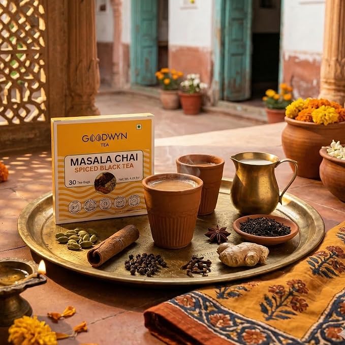 Goodwyn Masala Black Tea Chai, 60 Tea Bags | Authentic Indian Spiced Chai | Assam Tea | Natural Herbs & Spices | Plastic Free Bags