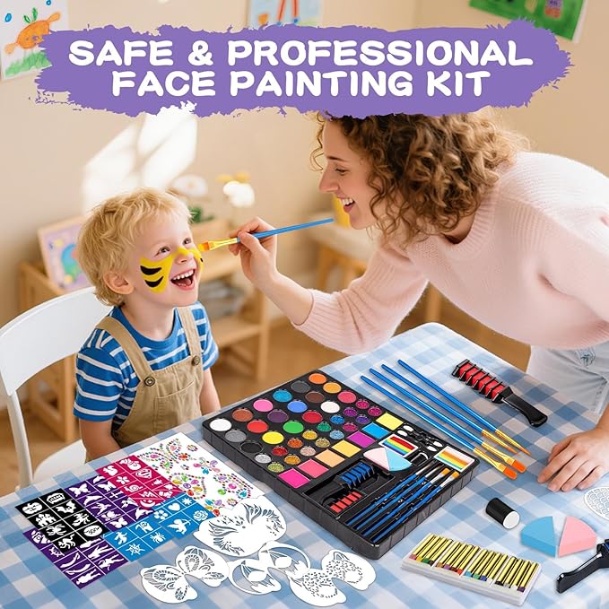 Face Painting Kit for Kids, 51 Colors Water Based Non-Toxic Paint, with 4 Brushes, 38 Stencils, 6 Reusable Stencils, etc. Washable Face Paints for Birthdays Halloween Party Carnival