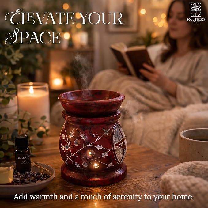 SOUL STICKS Stone Soapstone Aroma Lamp Stylish Beautiful Elegant Decorative Handcrafted Aroma Wax Burner Oil Diffuser for Aromatherapy, Meditation and Home Fragrance with Tealight Holder, 3 (Red)