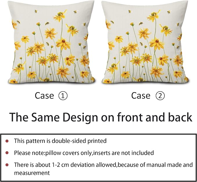 Spring Summer Floral Pillow Covers 18X18 Inch Set of 2 Coreopsis Daisy Yellow Flowers Bee Decorative Pillow Cases Farmhouse Seasonal Cushion Case Farmhouse Home Decor for Sofa Couch Bedroom Outdoor