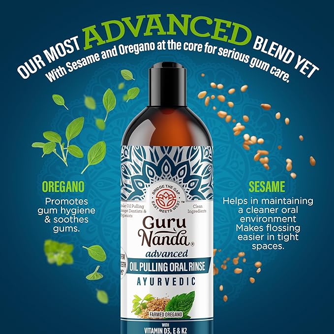 GuruNanda Advanced Oil Pulling Mouthwash for Enhanced Oral Care with Sesame & Oregano Oil, Promotes Deep Cleaning for Healthy Teeth & Gums, with Toothbrushes & Tongue Scrapers, Alcohol-Free, 3X8 Oz
