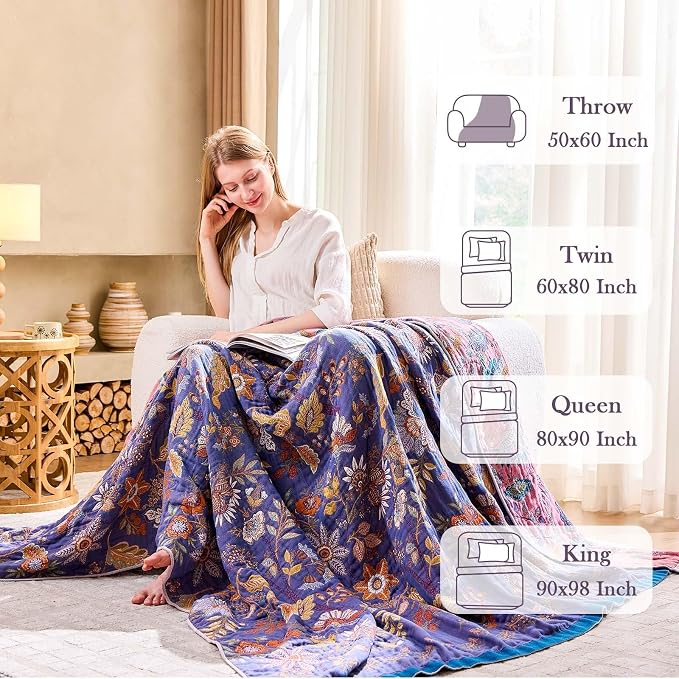 XIBLC Boho Blanket, 100% Cotton Farmhouse Decorative Throw Blanket, 80"x90" Reversible Bohemian Throw Blanket, Purple All Season Muslin Breathable Woven Blankets Quilt