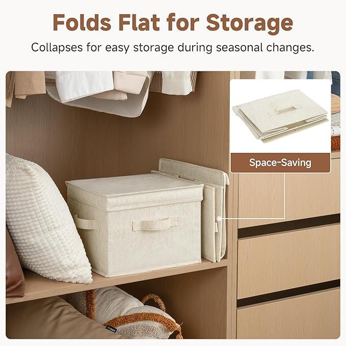 StorageWorks Fabric Storage Bins with Lids, Large Closet Storage Bins | Flip-Top Lid, 3 Handles, Collapsible, Stackable, for Clothes Blankets, Multi-Purpose, Medium, Rustic Linen, 2-Pack