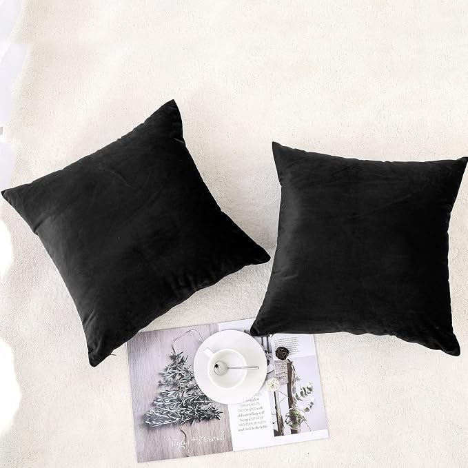 NiNi ALL Black Velvet Throw Pillow Covers 22x22 Pack of 2 Decorative Couch | Soft Solid Boho Cushion Squar Pillow Cases for Chair Sofa Bedroom Farmhouse Living room Modern Luxury Home Decor Halloween