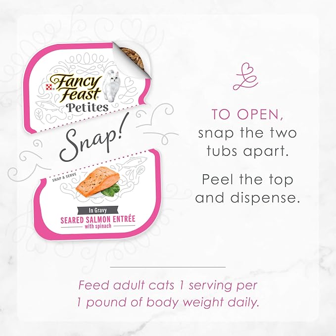 Purina Fancy Feast Petites Seared Salmon Wet Cat Food, 2.8 oz, 12-Pack | 24 single servings made with Seared Salmon with Spinach. No artificial colors or preservatives. Conveinent break-apart tubs