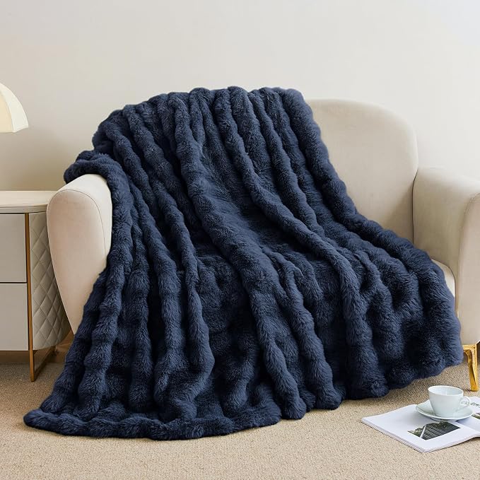 Faux Rabbit Fur Throw Blanket for Couch, Navy Blue Throw Blankets 50"x60" | Cozy Reversible Fluffy Throw, Luxury Plush Thick Bubble Blanket, Mothers Gifts for Women, Soft Warm for Bed, Home Decor