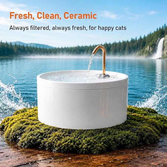 MISFANS Ceramic Dog Water Fountain, All-Ceramic Body, Pure Copper Spout | 4L/135oz Capacity, Under 20dB Pump, Dual Filtration, 3 Filters and 3 Sponges, Two Flow Modes, Small and Medium Dogs, White