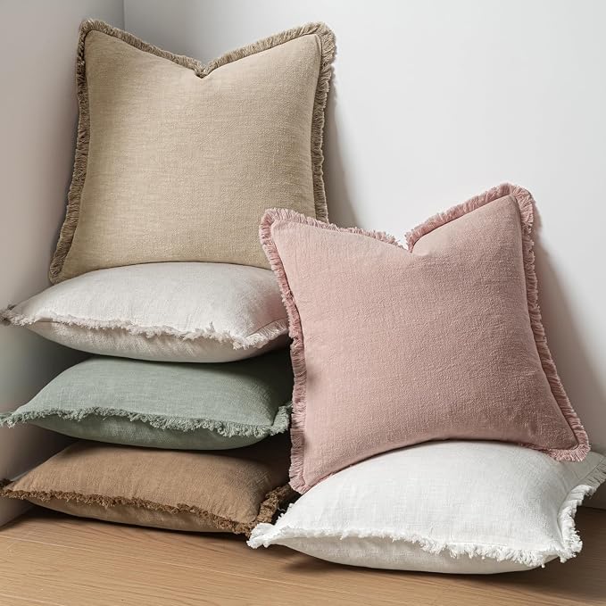 MIULEE Boho Linen Fringe Decorative Throw Pillow Covers Light Pink 20x20 | Set of 2, Cottagecore Decor, Boho Farmhouse Neutral Pillow Covers, Rustic Couch Cushion Cases for Sofa Bed Living Room