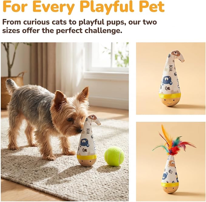 Natural Beechwood Cat Toy, 2-Pack Weeble Wobble Tumbler Toy for Indoor Cats & Small Dogs, Self-Righting Interactive Toy with Colorful Feathers, Silent Battery-Free Play for Solo Exercise