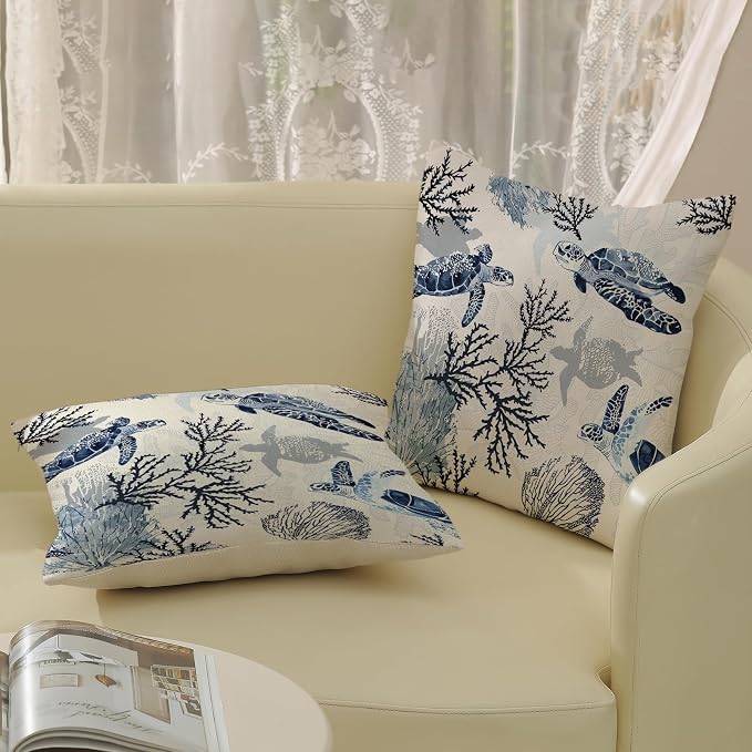 Nautical Coastal Pillow Covers 18x18 Set of 2 Beach Themed Ocean Coral Sea Turtle Decorative Throw Pillows Blue Outdoor Decor Pillow Cases Linen Farmhouse Cushion Case for Sofa Home Holiday