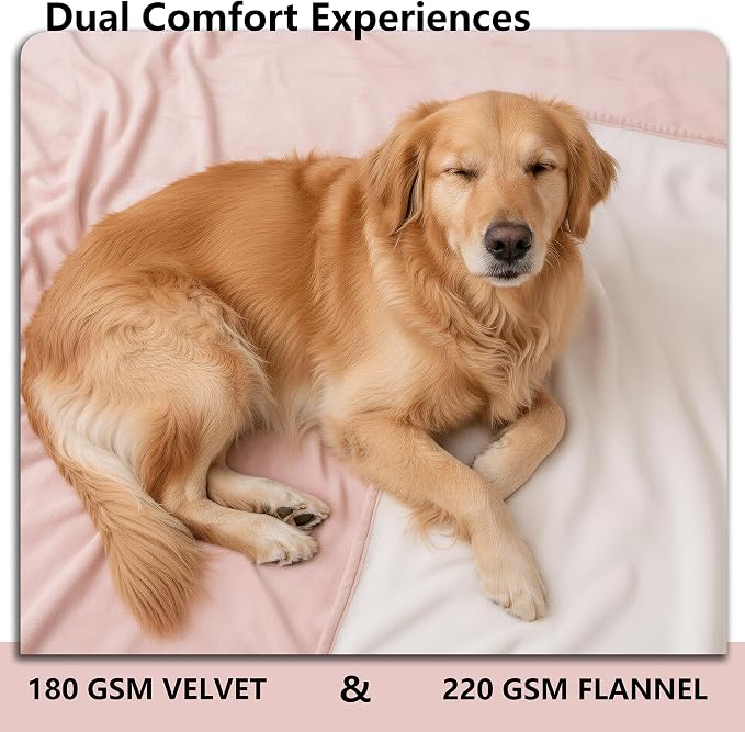 Waterproof Blanket - Reversible Dog Throw as Furniture Protector | Soft Velvet & Flannel, TPU Leak-Proof Liner, Machine Washable, Fits Couch and Bed, 82" x 108", Pink/Cream
