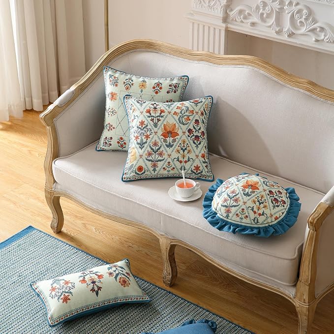 Linen Rectangle Throw Pillow Cover,Set of 2,20"x12"-Floralsea A | Designer French Elegant Pillow Cover,Concealed Zipper Design,Sofa,Bedroom,Living Room,Lounge Chairs,All Season Home Decor