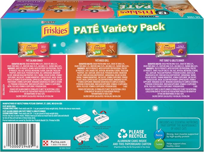 Purina Friskies Wet Cat Food Pate Variety Pack Salmon Dinner, Turkey and Giblets Dinner and Mixed Grill - (2 Packs of 12) 5.5 oz. Cans