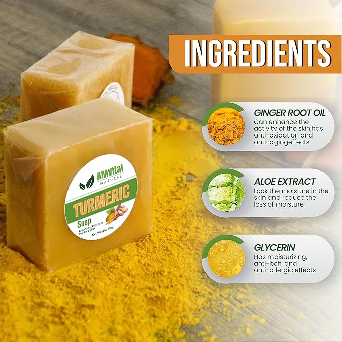 AMVital Turmeric Soap Bar for Face & Body – Handmade Natural Cleanser, Gentle Herbal Skincare for All Skin Types, Face Wash & Body Soap (Pack of 3)