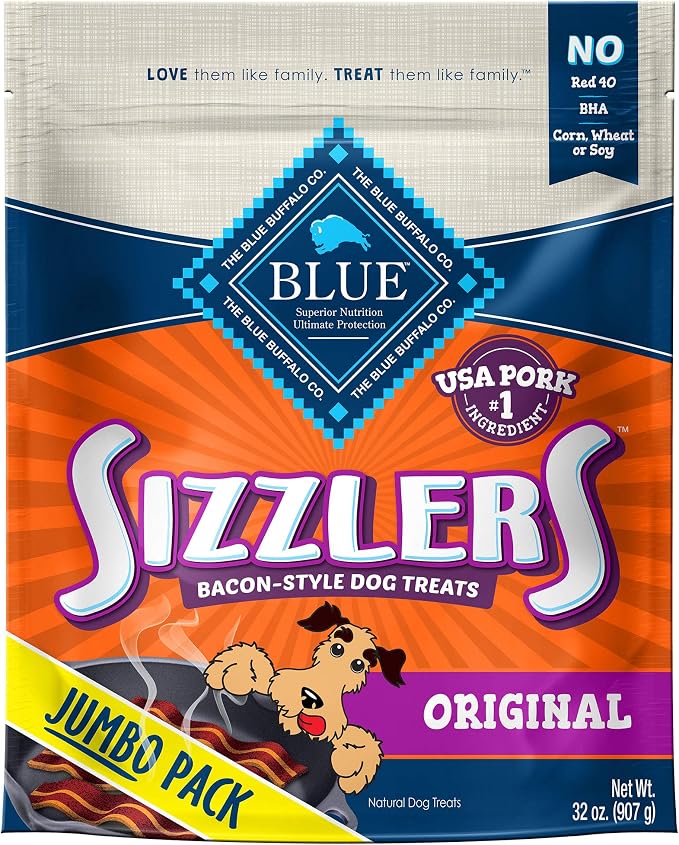 Blue Buffalo Sizzlers Pork Bacon-Style Dog Treats, 32 oz | Real USA Pork First, Soft-Moist Texture, No Chicken By-Product, Corn, Wheat, or Soy
